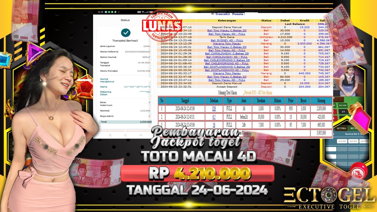 BUKTI JACKPOT TOGEL TOTO MACAU 4D TERPERCAYA DI INDONESIA TGL 24-06-2024