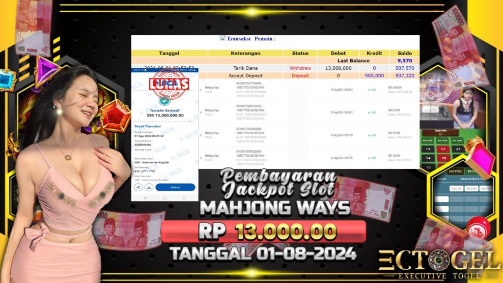 BUKTI JACKPOT SLOT MAHJONG WAYS TERPERCAYA DI INDONESIA TGL 01-08-2024