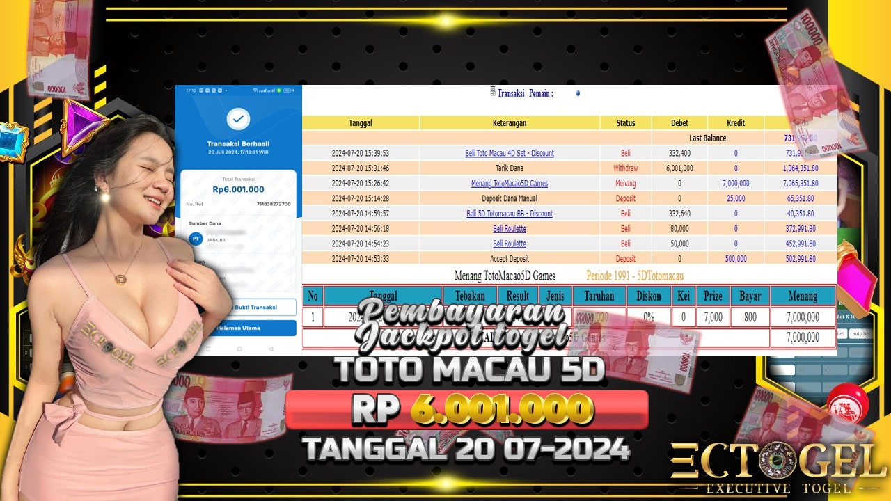 BUKTI JACKPOT TOGEL ONLINE TOTO MACAU 5D TERPERCAYA DI INDONESIA TGL 20-07-2024