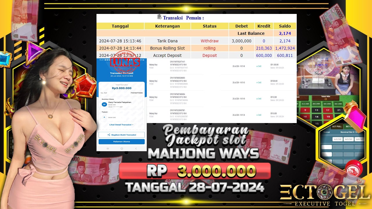 BUKTI JACKPOT SLOT MAHJONG WAYS TERPERCAYA DI INDONESIA TGL 28-07-2024