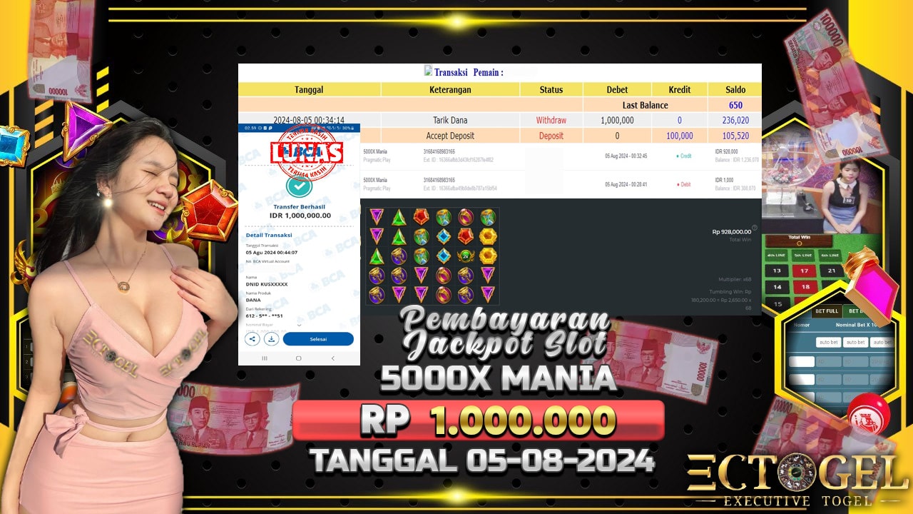 BUKTI JACKPOT SLOT 5000X MANIA TERPERCAYA DI INDONESIA TGL 05-08-2024