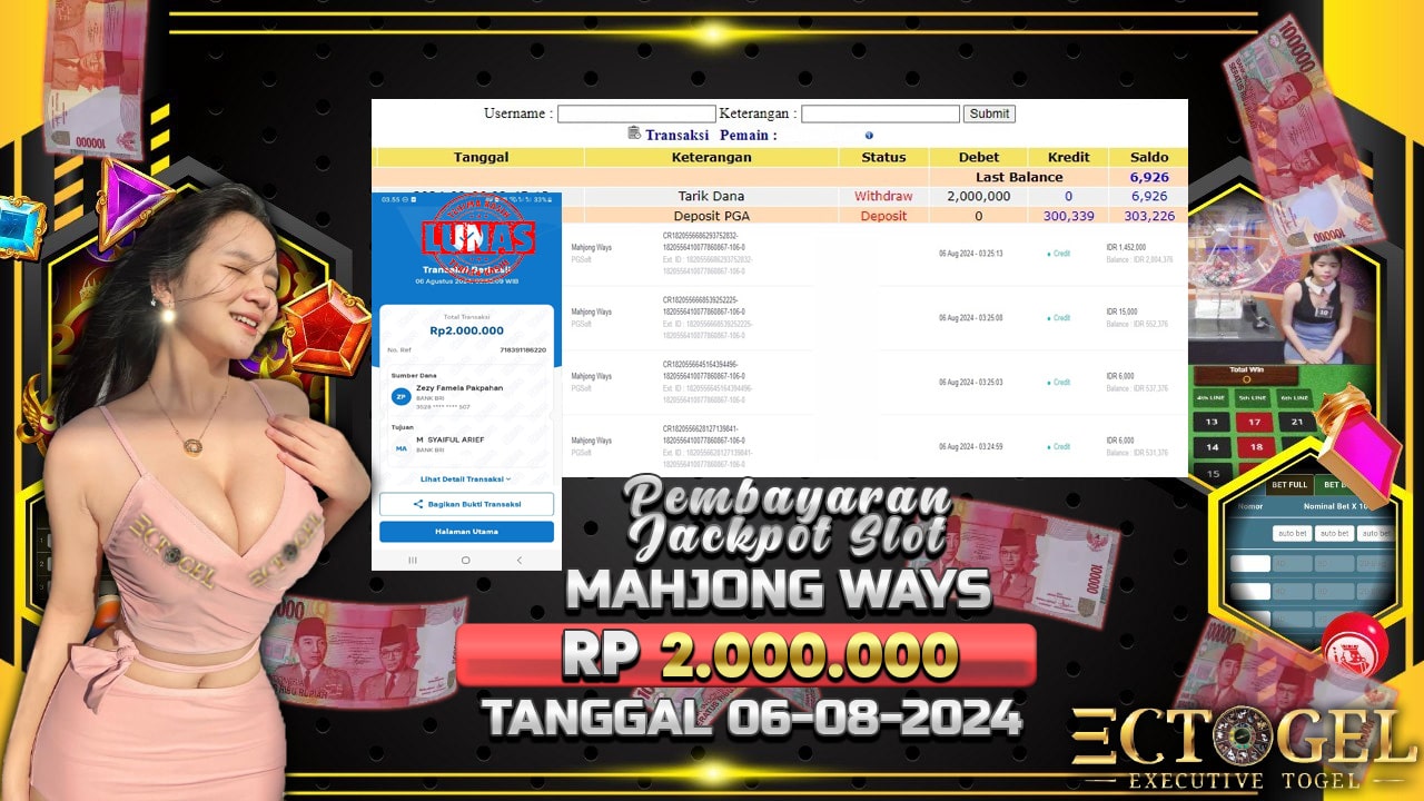 BUKTI JACKPOT SLOT MAHJONG WAYS TERPERCAYA DI INDONESIA TGL 06-08-2024