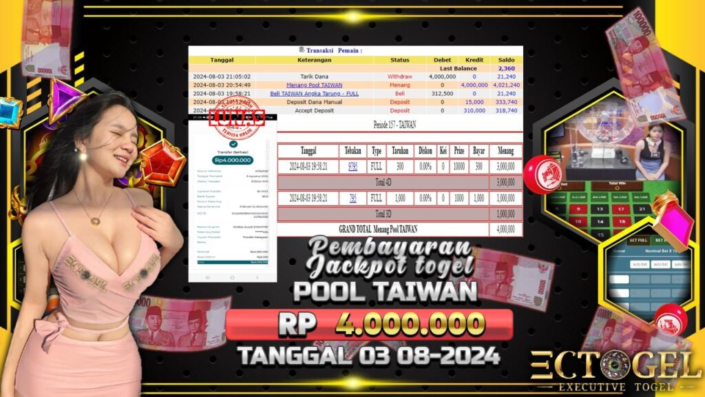 BUKTI JACKPOT TOGEL ONLINE POOL TAIWAN TERPERCAYA DI INDONESIA TGL 03-08-2024