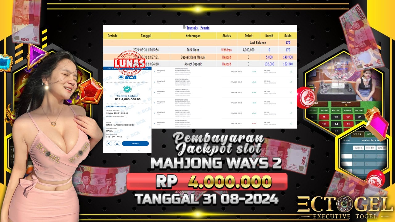 BUKTI JACKPOT SLOT MAHJONG WAYS 2 TERPERCAYA DI INDONESIA TGL 31-08-2024