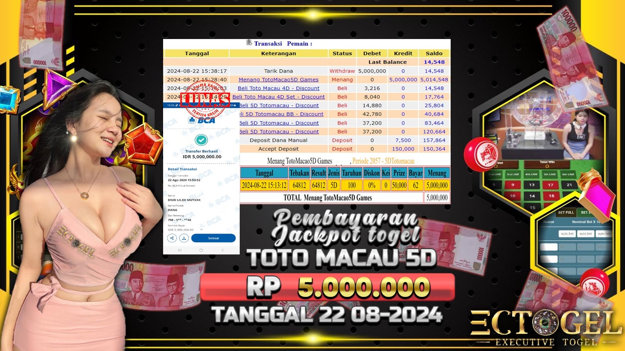 BUKTI JACKPOT TOGEL ONLINE TOTO MACAU 5D TERPERCAYA DI INDONESIA TGL 22-08-2024